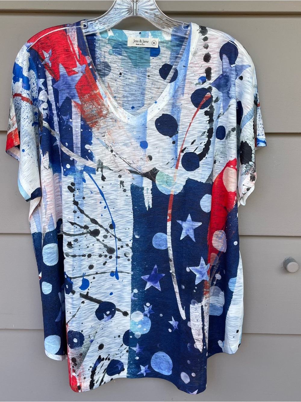 Jess & Jane Americana Short Sleeve V-Neck  Tunic Artsy Boho Whimsical Womens XL